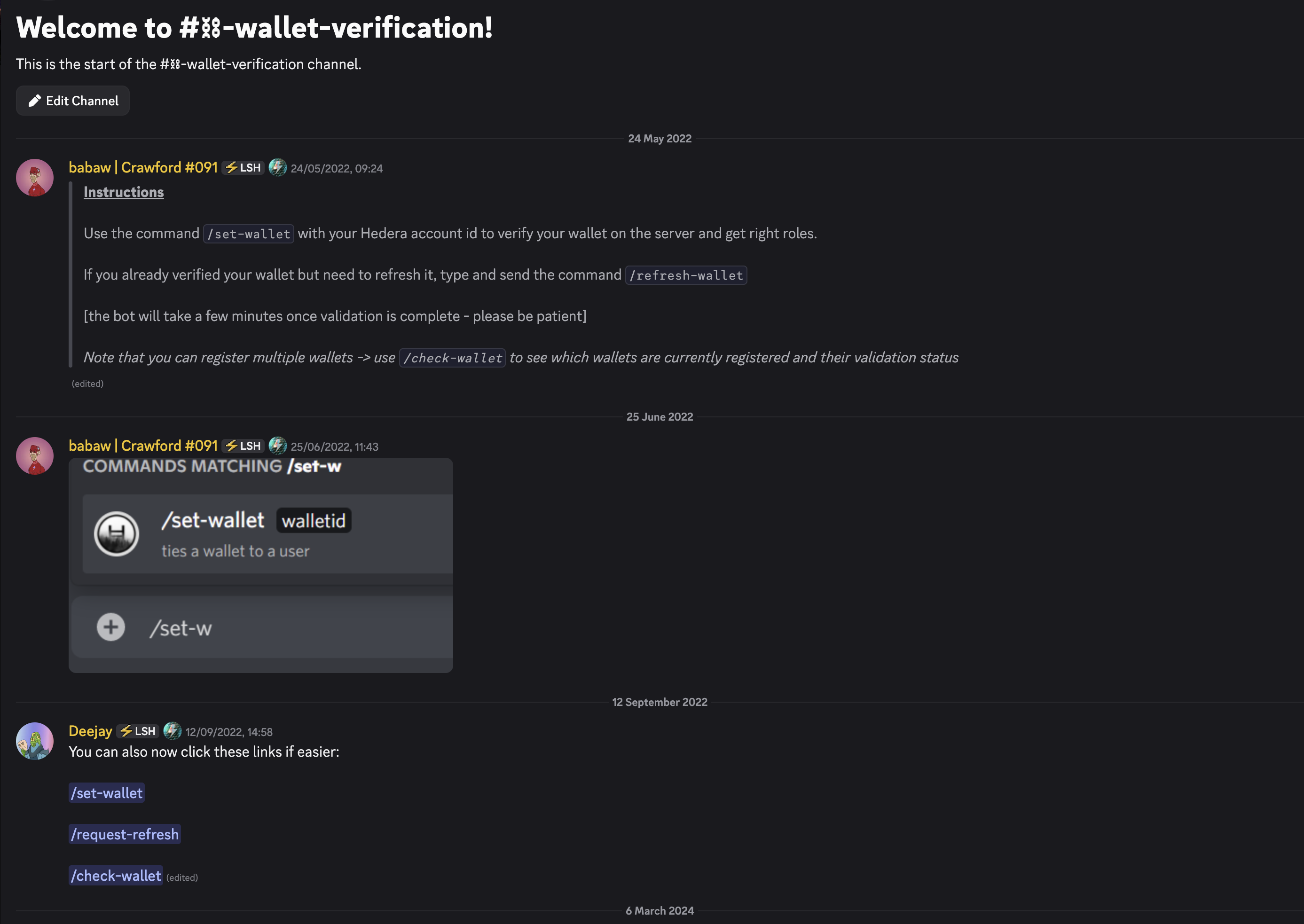 The /set-wallet, /check-wallet and /request-refresh slash commands in a Discord verification channel